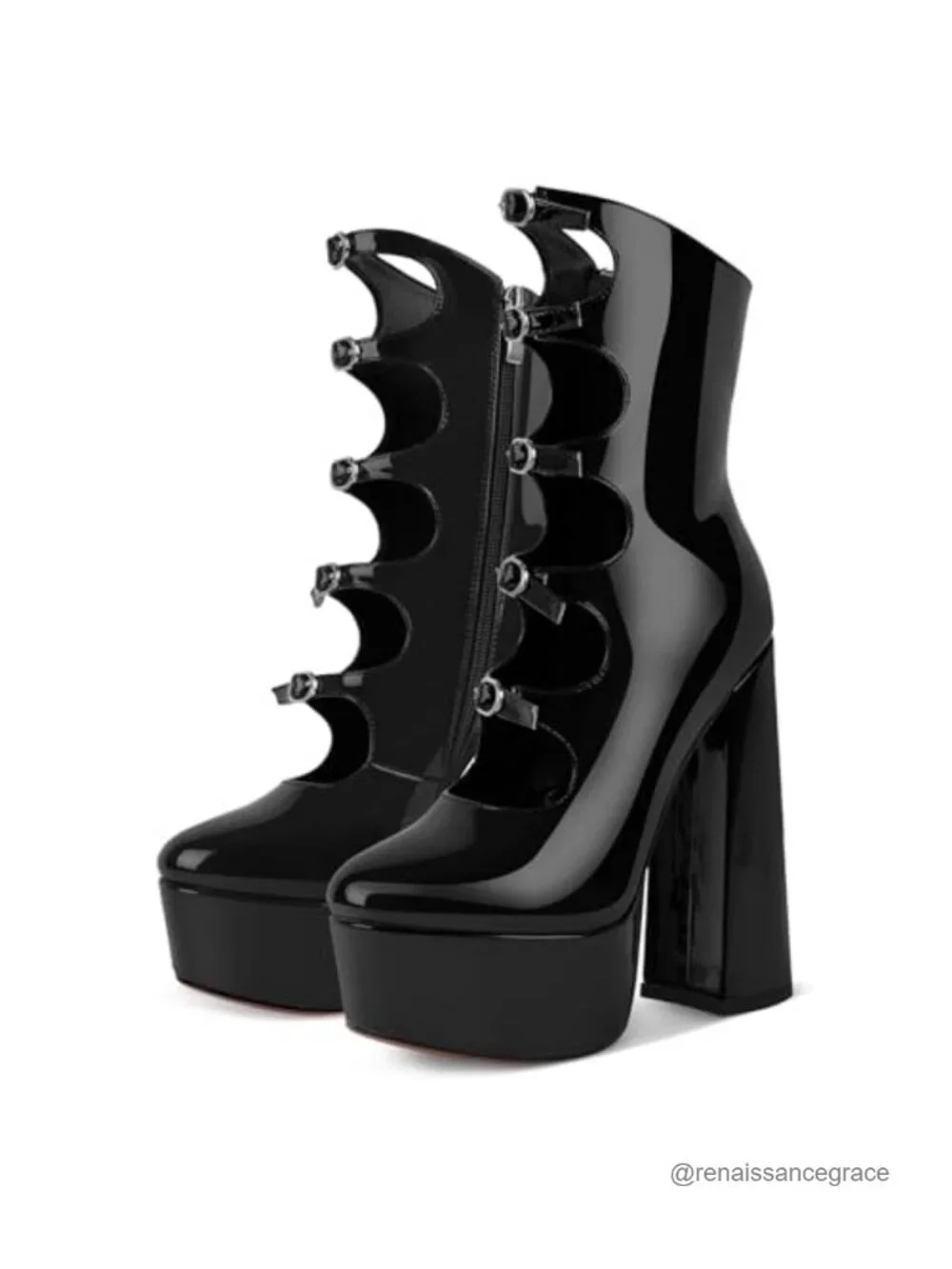 Platform High Heels Side Zipper Adjustable Buckles Block Heel Pumps